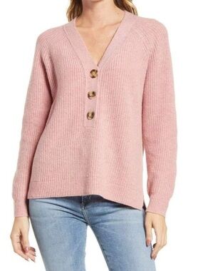 Madewell Lyle Rib Henley Sweater Pink Merino Wool Preppy Minimalist S Oversized